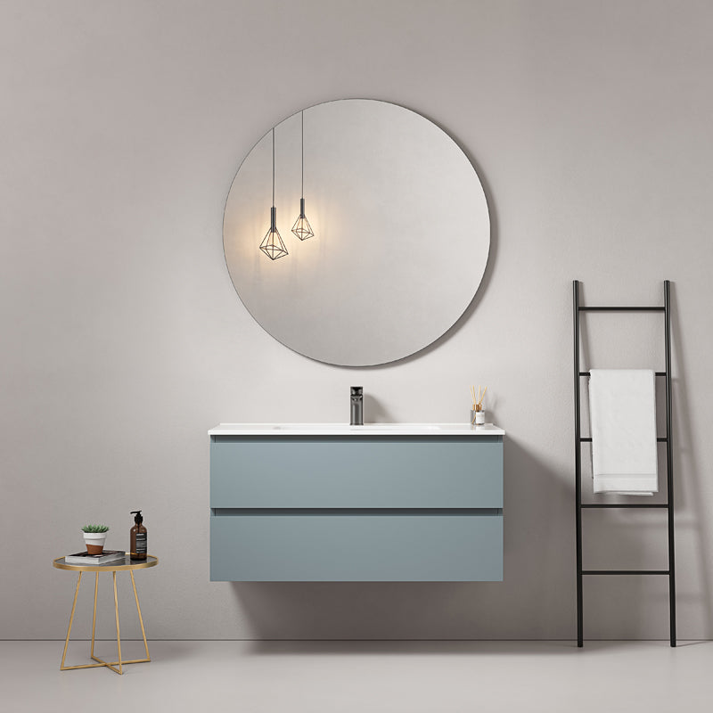 Mobile bagno sospeso 80 cm Blu Avio Lavabo in Ceramica Specchio Tondo - Fiji Paint