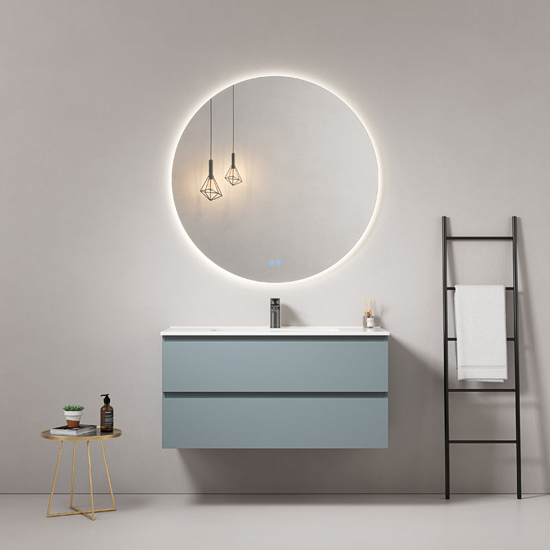 Mobile bagno sospeso 80 cm Blu Avio Lavabo in Ceramica Specchio Tondo Retroilluminato - Fiji Paint
