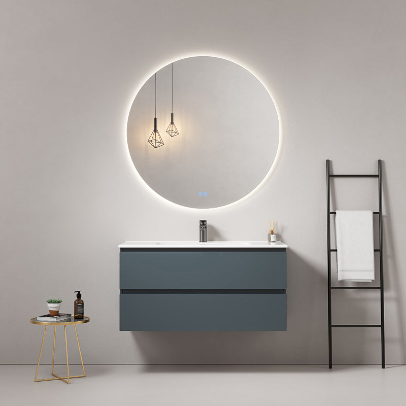 Mobile bagno sospeso 80 cm Blu Mare Lavabo in Ceramica Specchio Tondo Retroilluminato - Fiji Paint