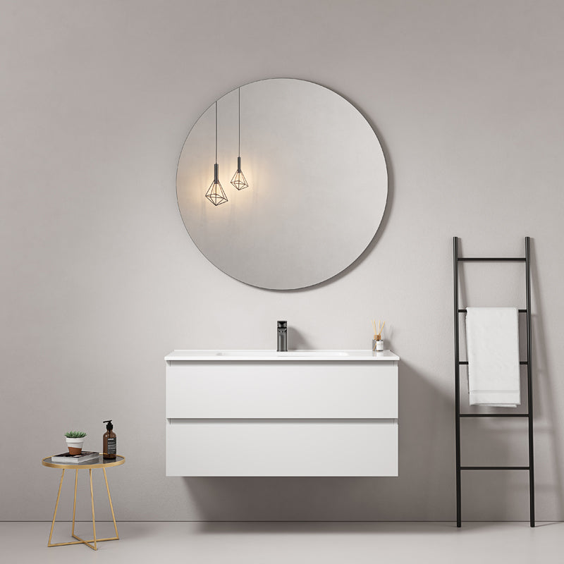 Mobile bagno sospeso 80 cm Bianco Lavabo in Ceramica Specchio Tondo - Fiji Paint