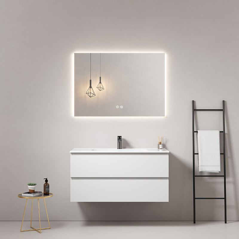 Mobile bagno sospeso 80 cm Bianco Lavabo in Ceramica Specchio Quadro Retroilluminato - Fiji Paint