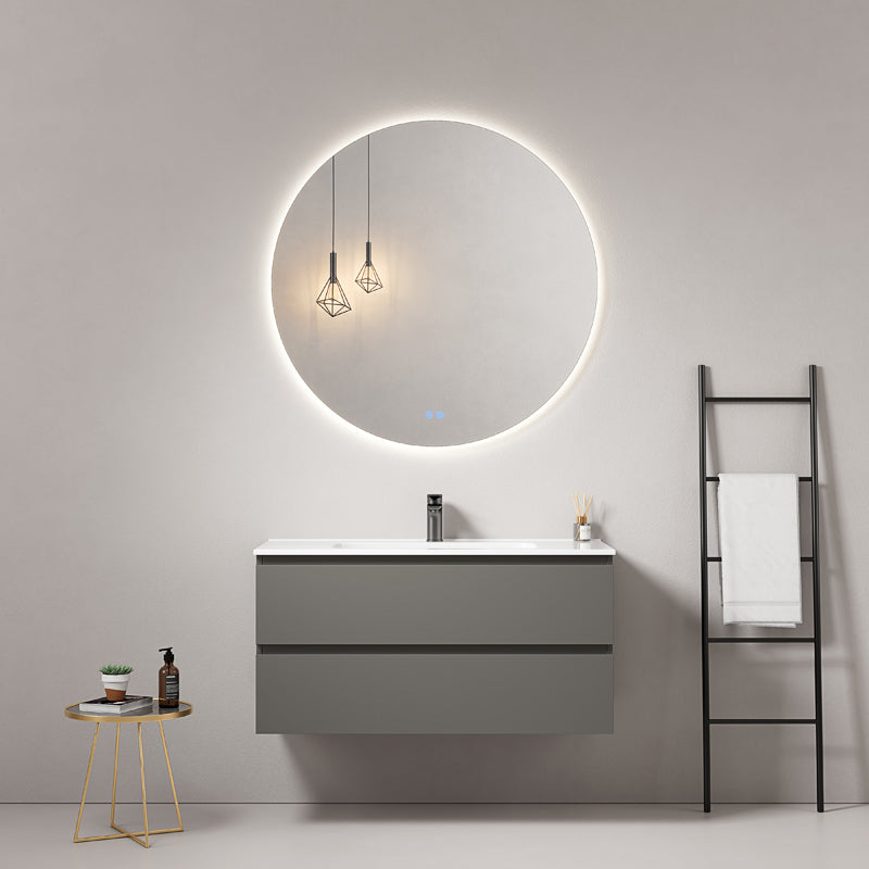 Mobile bagno sospeso 80 cm Grigio Londra Lavabo in Ceramica Specchio Tondo Retroilluminato - Fiji Paint