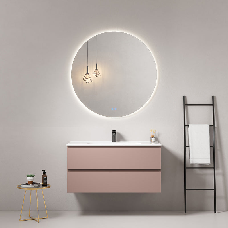 Mobile bagno sospeso 80 cm Rosa Retro Lavabo in Ceramica Specchio Tondo Retroilluminato - Fiji Paint