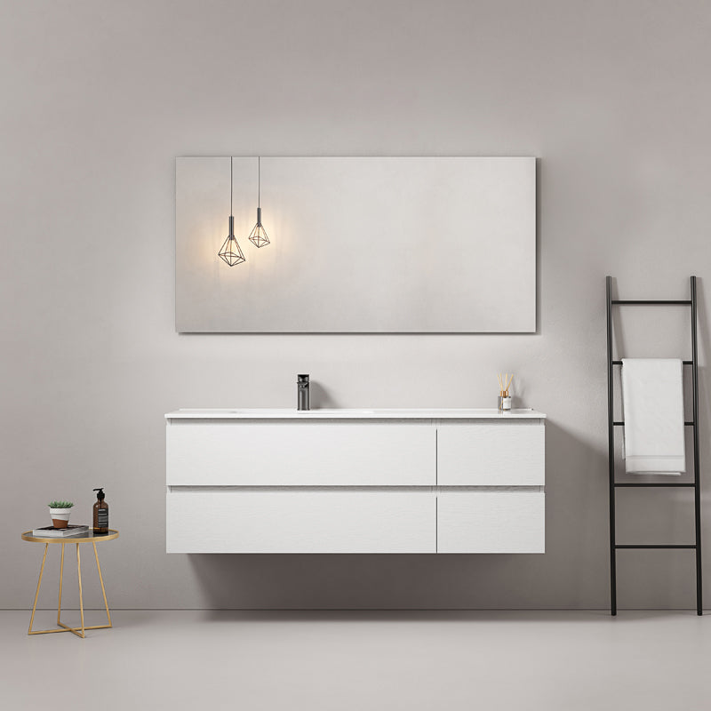 Mobile bagno sospeso 140 cm Bianco Lavabo a Sinistra in Resina Specchio Quadro - Fiji Wood