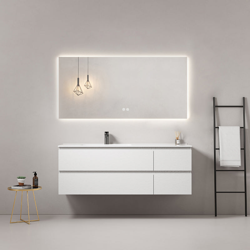 Mobile bagno sospeso 140 cm Bianco Lavabo a Sinistra in Resina Specchio Quadro Retroilluminato - Fiji Wood