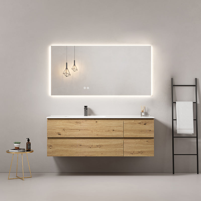 Mobile bagno sospeso 140 cm Bruno Medio Lavabo a Sinistra in Resina Specchio Quadro Retroilluminato - Fiji Wood