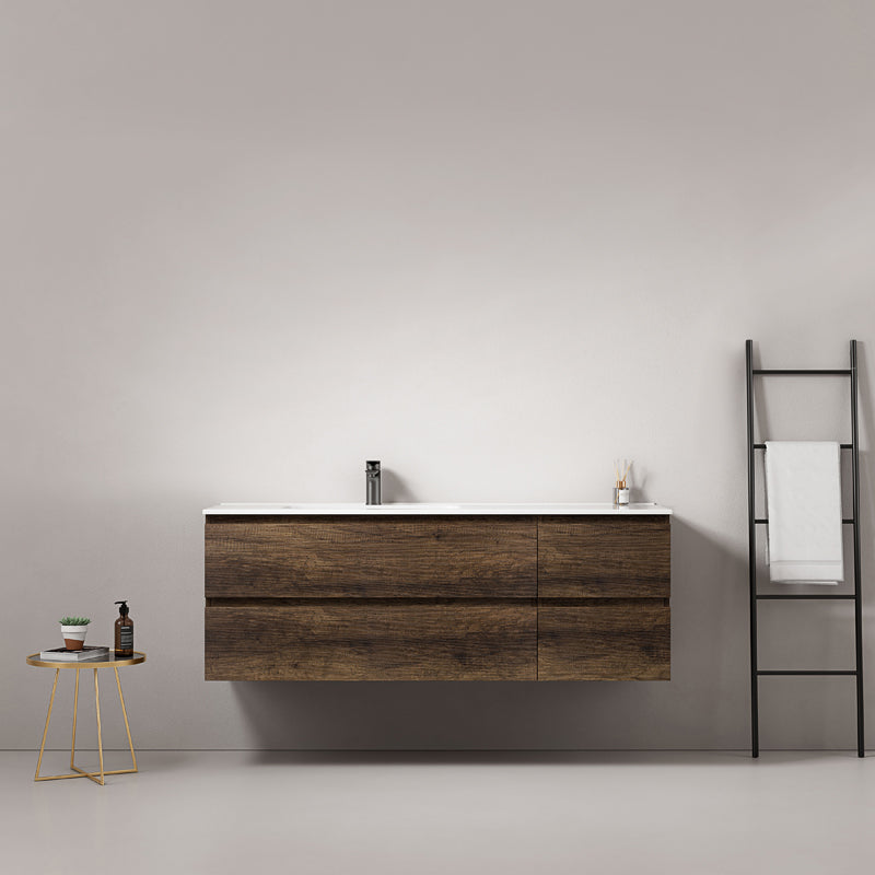 Mobile bagno sospeso 140 cm Bruno Scuro Lavabo a Sinistra in Resina Senza Specchio - Fiji Wood