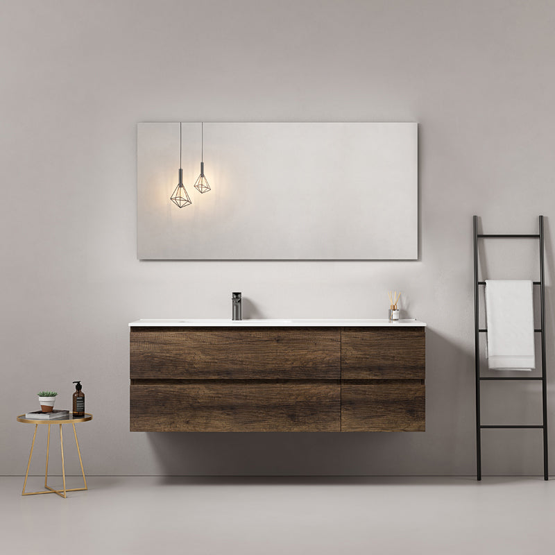 Mobile bagno sospeso 140 cm Bruno Scuro Lavabo a Sinistra in Resina Specchio Quadro - Fiji Wood
