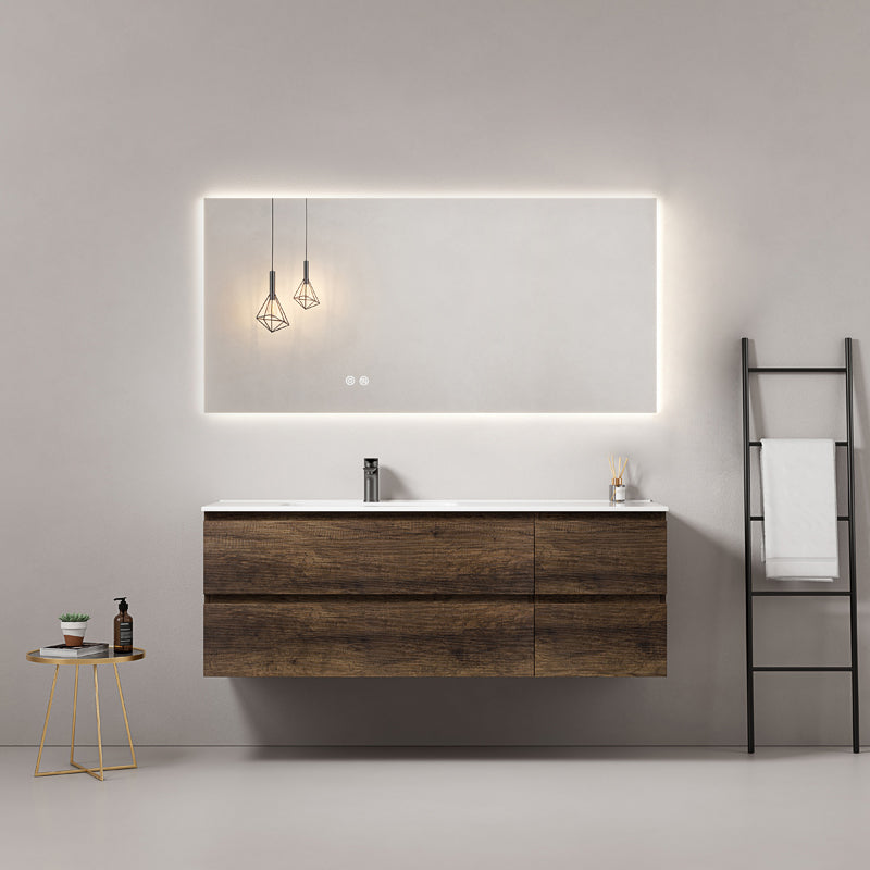 Mobile bagno sospeso 140 cm Bruno Scuro Lavabo a Sinistra in Resina Specchio Quadro Retroilluminato - Fiji Wood