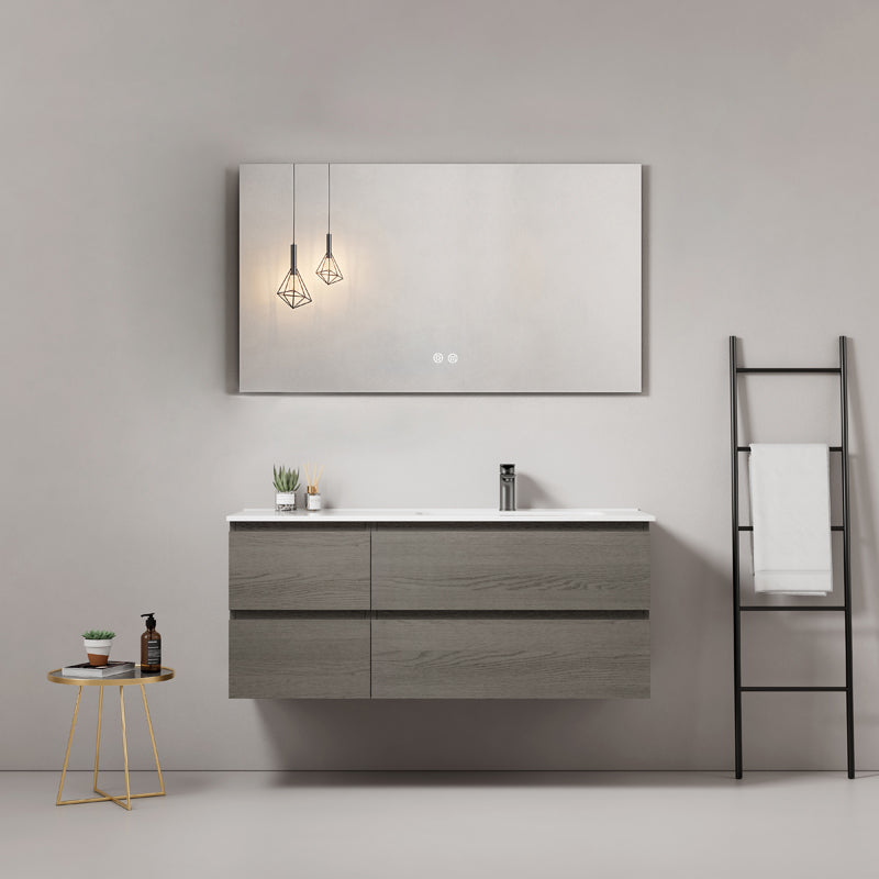 Mobile bagno sospeso 140 cm Grey Lavabo a Sinistra in Resina Specchio Quadro - Fiji Wood