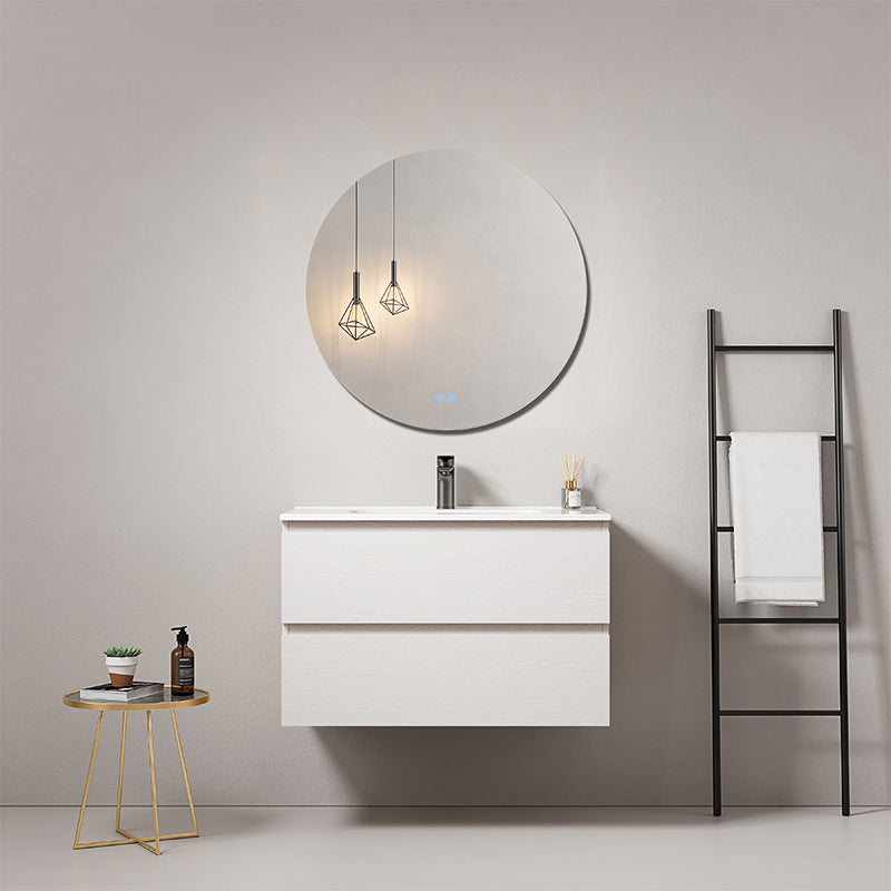 Mobile bagno sospeso 80 cm Bianco Lavabo in Ceramica Specchio Tondo - Fiji Wood