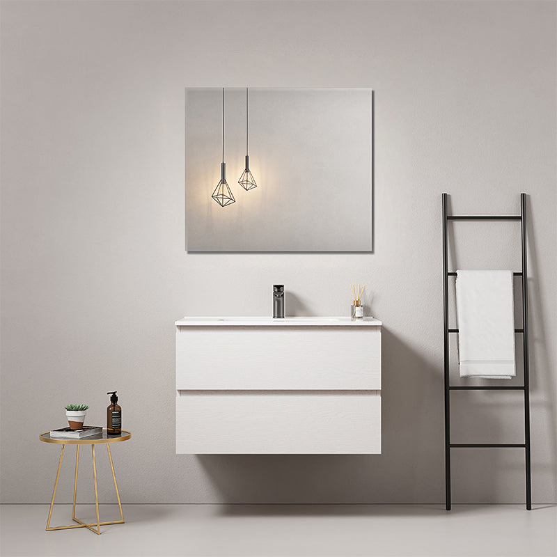 Mobile bagno sospeso 80 cm Bianco Lavabo in Ceramica Specchio Quadro - Fiji Wood