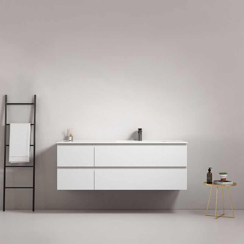 Mobile bagno sospeso 140 cm Bianco Lavabo a Destra in Resina Senza Specchio - Fiji Wood