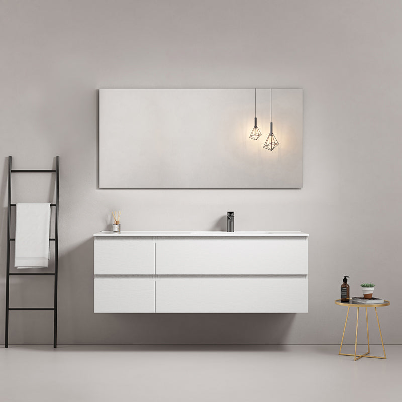 Mobile bagno sospeso 140 cm Bianco Lavabo a Destra in Resina Specchio Quadro - Fiji Wood