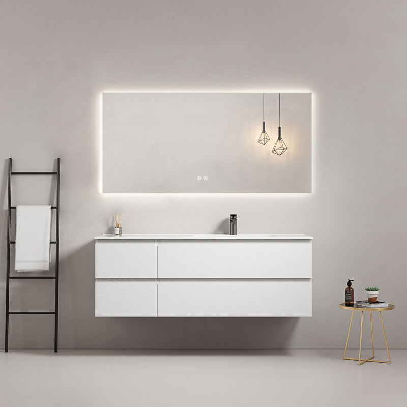 Mobile bagno sospeso 140 cm Bianco Lavabo a Destra in Resina Specchio Quadro Retroilluminato - Fiji Wood