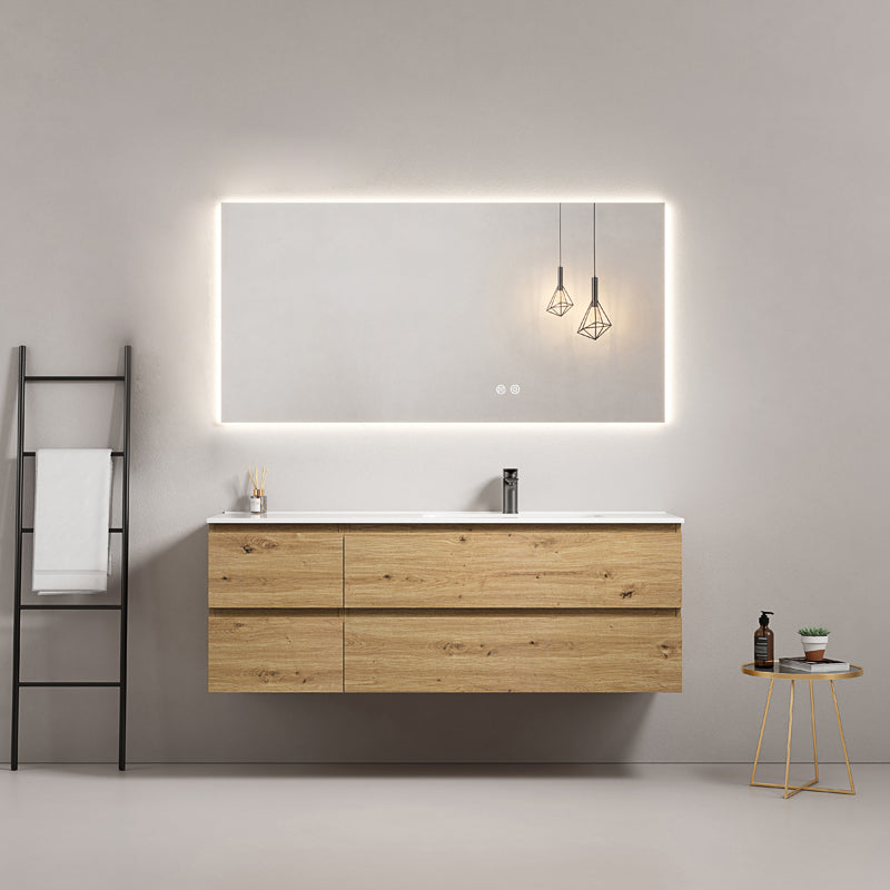 Mobile bagno sospeso 140 cm Bruno Medio Lavabo a Destra in Resina Specchio Quadro Retroilluminato - Fiji Wood