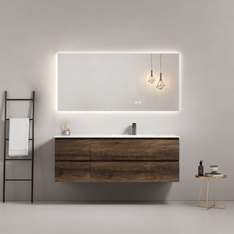 Mobile bagno sospeso 140 cm Bruno Scuro Lavabo a Destra in Resina Specchio Quadro Retroilluminato - Fiji Wood