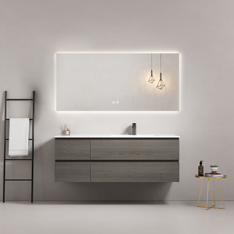 Mobile bagno sospeso 140 cm Grey Lavabo a Destra in Resina Specchio Quadro Retroilluminato - Fiji Wood