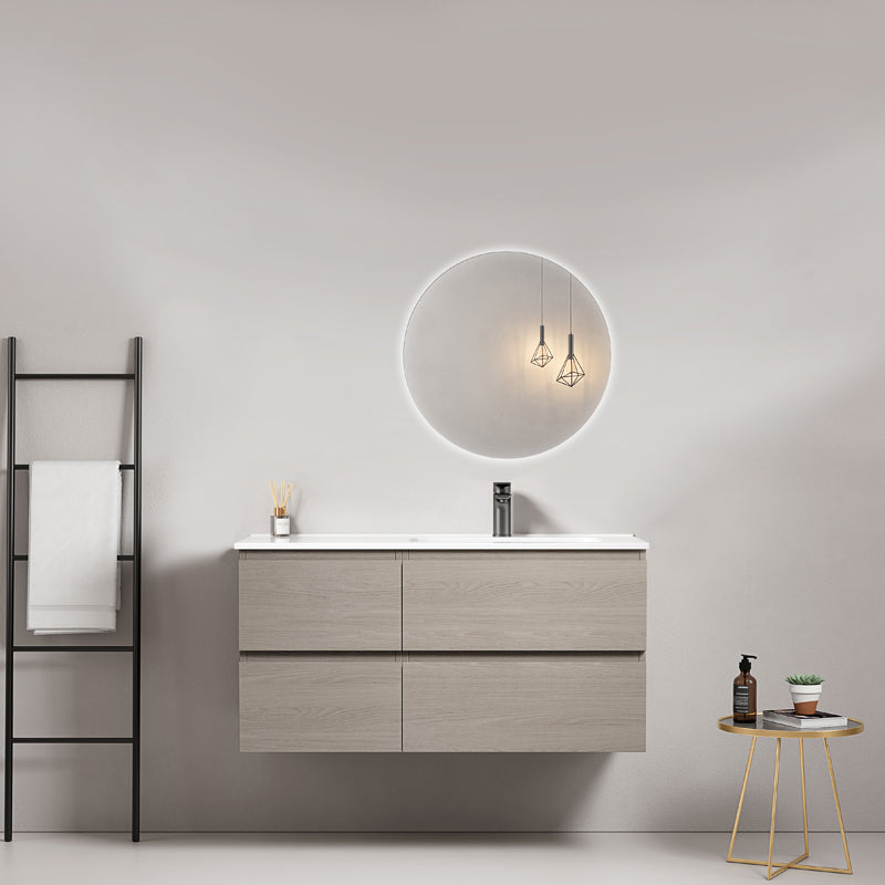 Mobile bagno sospeso 100 cm Beige Lavabo a Destra in Ceramica Specchio Tondo Retroilluminato - Fiji Wood