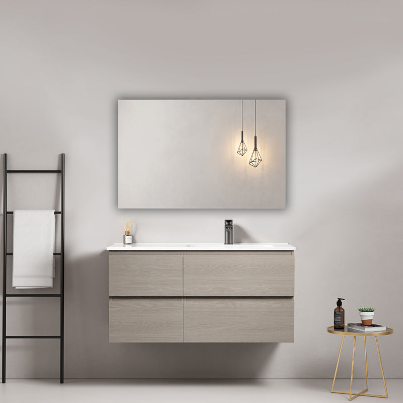 Mobile bagno sospeso 100 cm Beige Lavabo a Destra in Ceramica Specchio Quadro - Fiji Wood