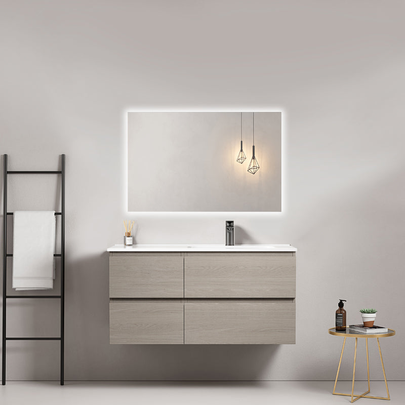 Mobile bagno sospeso 100 cm Beige Lavabo a Destra in Ceramica Specchio Quadro Retroilluminato - Fiji Wood