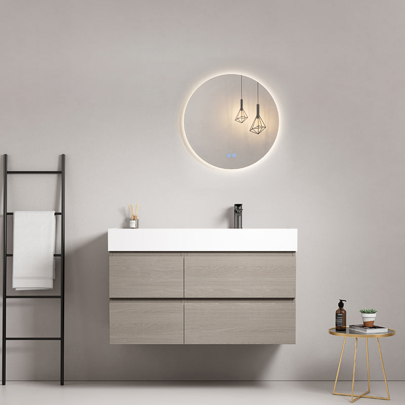 Mobile bagno sospeso 100 cm Beige Lavabo a Destra in Resina Specchio Tondo Retroilluminato - Fiji Wood