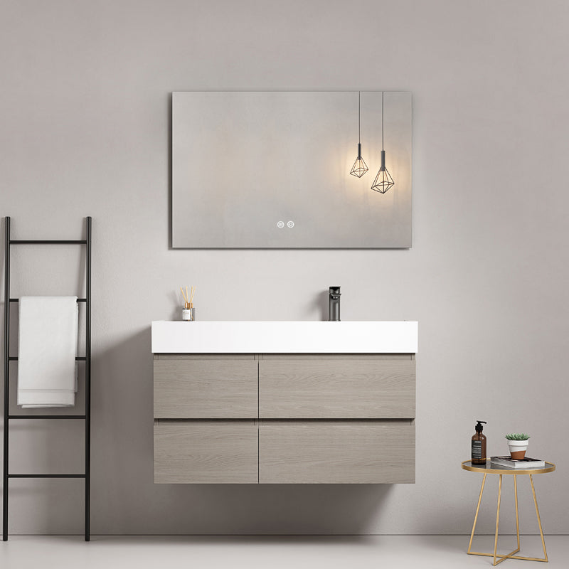 Mobile bagno sospeso 100 cm Beige Lavabo a Destra in Resina Specchio Quadro - Fiji Wood