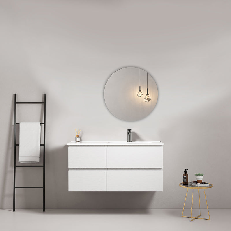 Mobile bagno sospeso 100 cm Bianco Lavabo a Destra in Ceramica Specchio Tondo - Fiji Wood