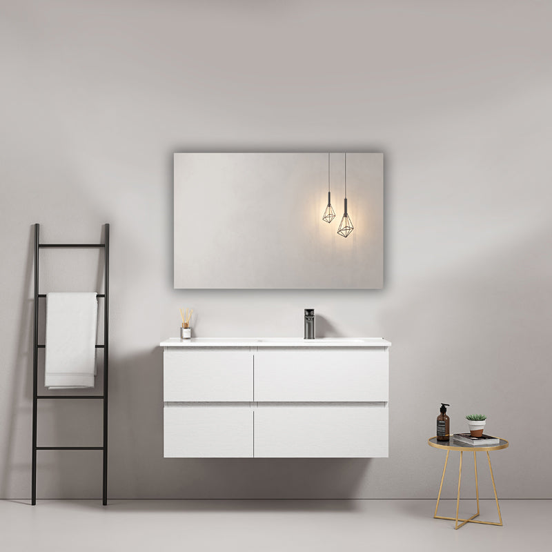 Mobile bagno sospeso 100 cm Bianco Lavabo a Destra in Ceramica Specchio Quadro - Fiji Wood