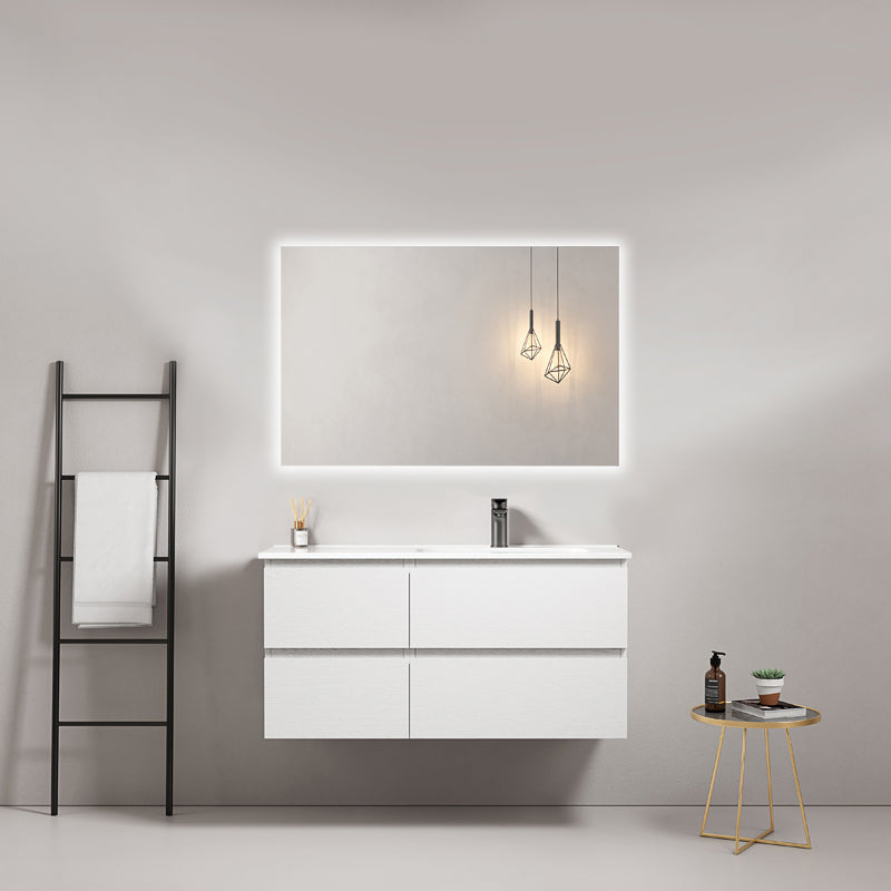 Mobile bagno sospeso 100 cm Bianco Lavabo a Destra in Ceramica Specchio Quadro Retroilluminato - Fiji Wood