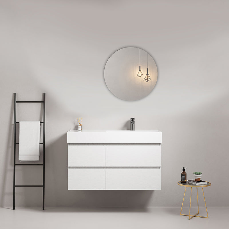 Mobile bagno sospeso 100 cm Bianco Lavabo a Destra in Resina Specchio Tondo - Fiji Wood