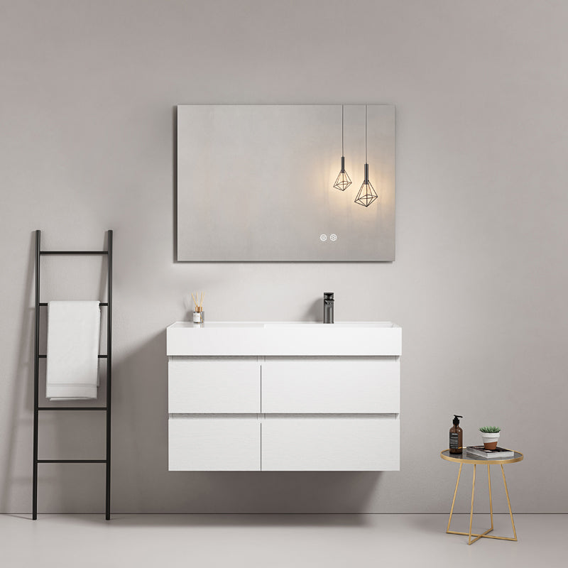 Mobile bagno sospeso 100 cm Bianco Lavabo a Destra in Resina Specchio Quadro - Fiji Wood