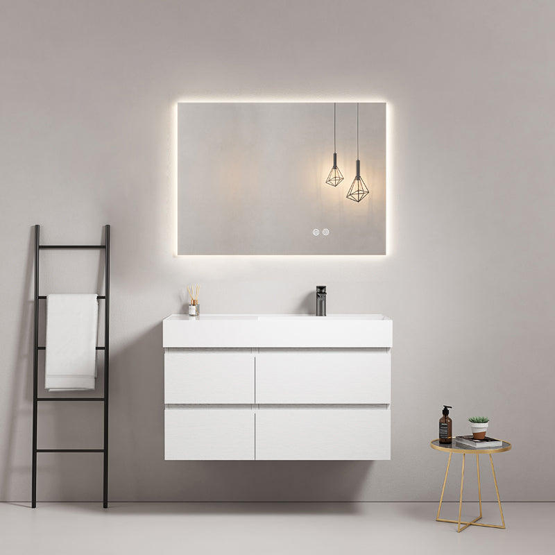 Mobile bagno sospeso 100 cm Bianco Lavabo a Destra in Resina Specchio Quadro Retroilluminato - Fiji Wood