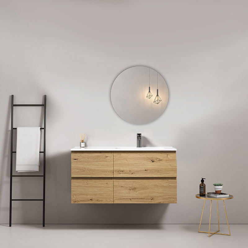 Mobile bagno sospeso 100 cm Bruno Medio Lavabo a Destra in Ceramica Specchio Tondo - Fiji Wood