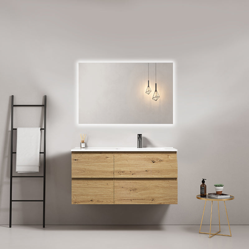 Mobile bagno sospeso 100 cm Bruno Medio Lavabo a Destra in Ceramica Specchio Quadro Retroilluminato - Fiji Wood