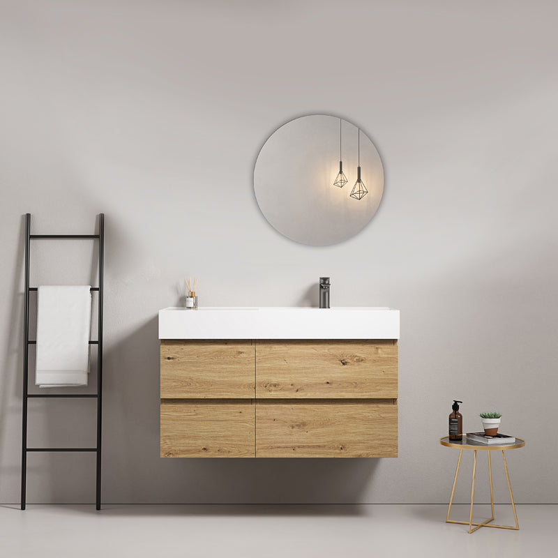 Mobile bagno sospeso 100 cm Bruno Medio Lavabo a Destra in Resina Specchio Tondo - Fiji Wood