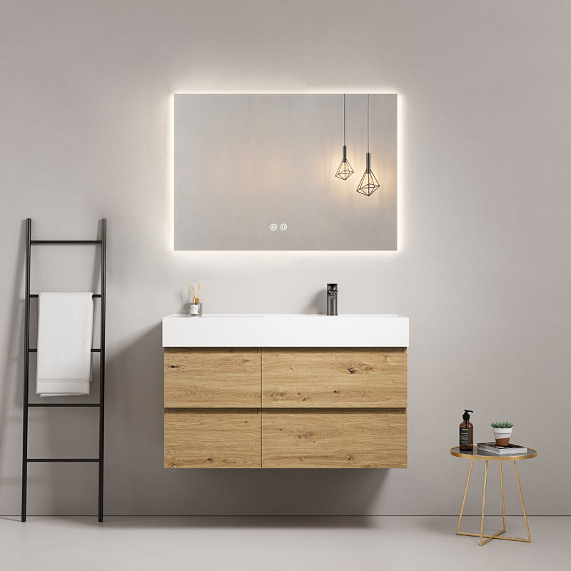Mobile bagno sospeso 100 cm Bruno Medio Lavabo a Destra in Resina Specchio Quadro Retroilluminato - Fiji Wood