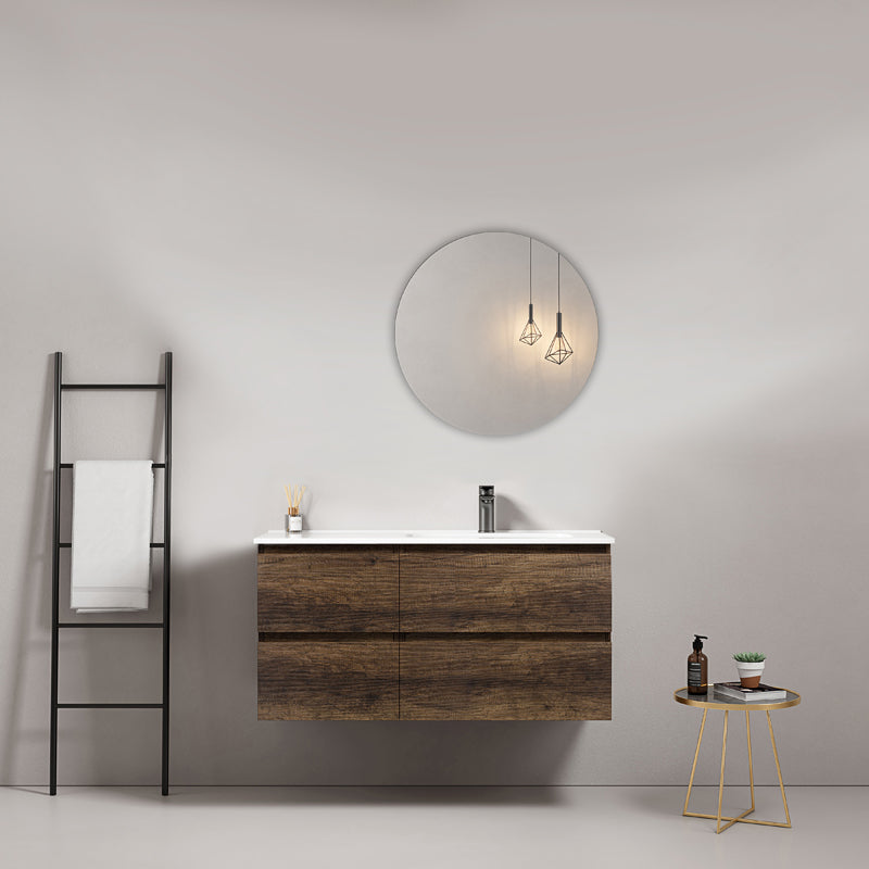 Mobile bagno sospeso 100 cm Bruno Scuro Lavabo a Destra in Ceramica Specchio Tondo - Fiji Wood