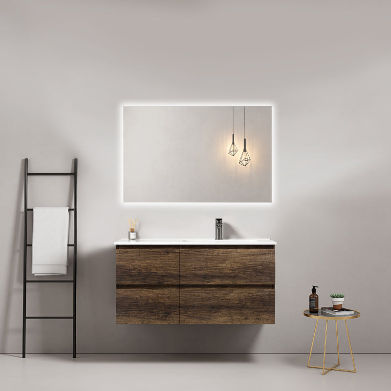 Mobile bagno sospeso 100 cm Bruno Scuro Lavabo a Destra in Ceramica Specchio Quadro Retroilluminato - Fiji Wood