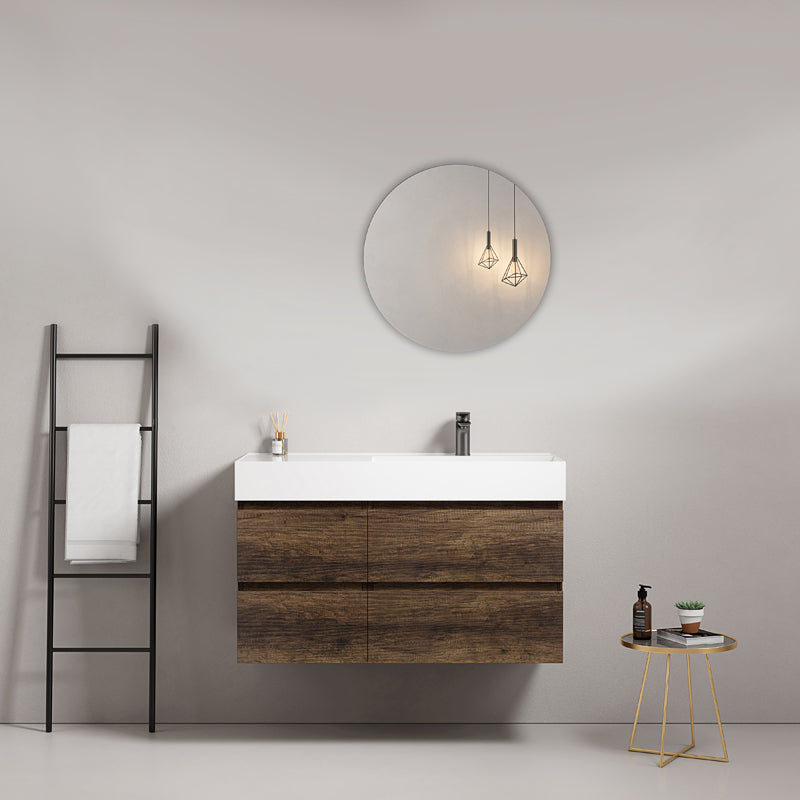 Mobile bagno sospeso 100 cm Bruno Scuro Lavabo a Destra in Resina Specchio Tondo - Fiji Wood