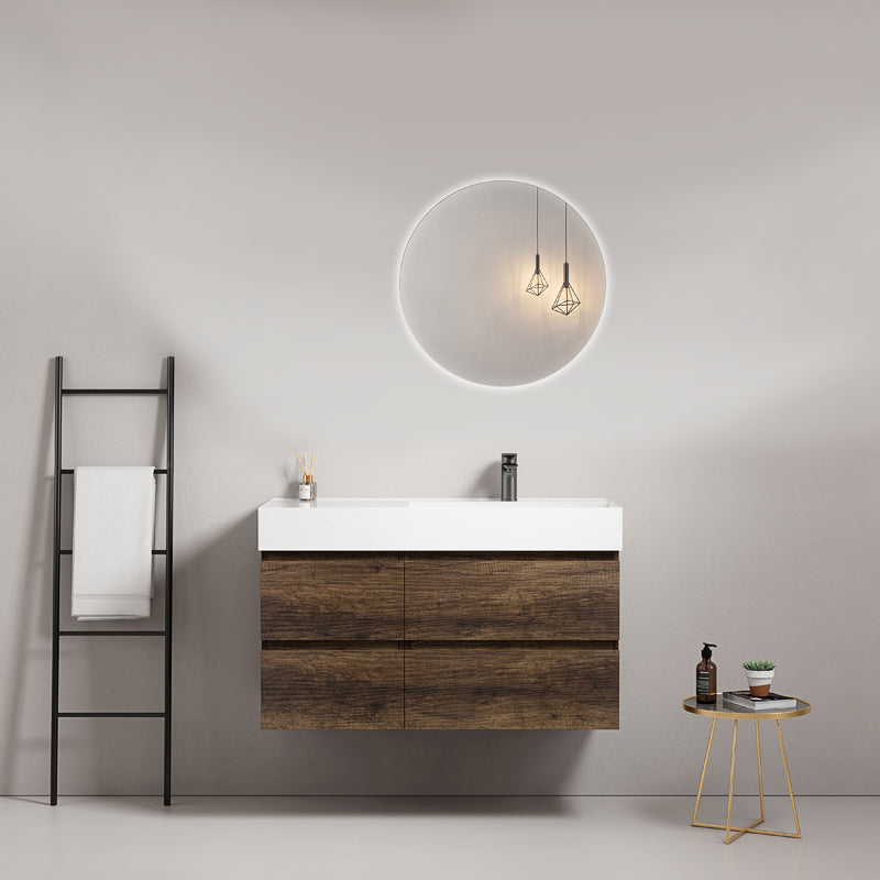 Mobile bagno sospeso 100 cm Bruno Scuro Lavabo a Destra in Resina Specchio Tondo Retroilluminato - Fiji Wood