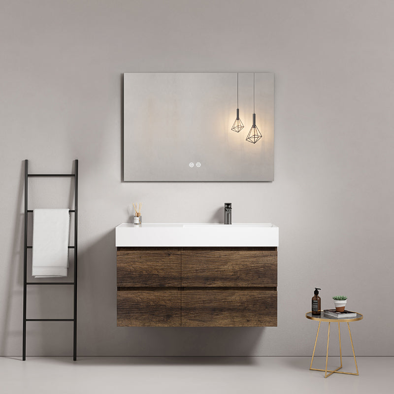 Mobile bagno sospeso 100 cm Bruno Scuro Lavabo a Destra in Resina Specchio Quadro - Fiji Wood