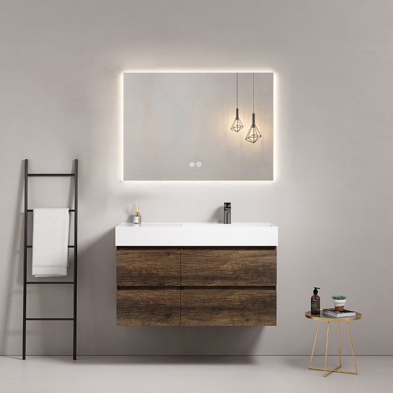 Mobile bagno sospeso 100 cm Bruno Scuro Lavabo a Destra in Resina Specchio Quadro Retroilluminato - Fiji Wood