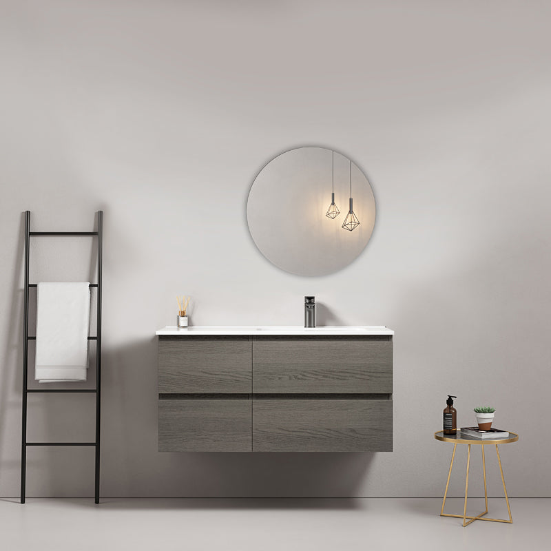 Mobile bagno sospeso 100 cm Grey Lavabo a Destra in Ceramica Specchio Tondo - Fiji Wood