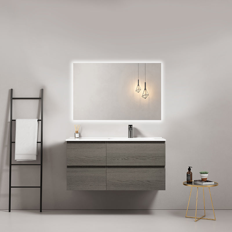 Mobile bagno sospeso 100 cm Grey Lavabo a Destra in Ceramica Specchio Quadro Retroilluminato - Fiji Wood