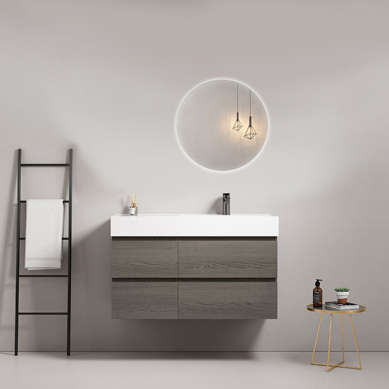 Mobile bagno sospeso 100 cm Grey Lavabo a Destra in Resina Specchio Tondo Retroilluminato - Fiji Wood