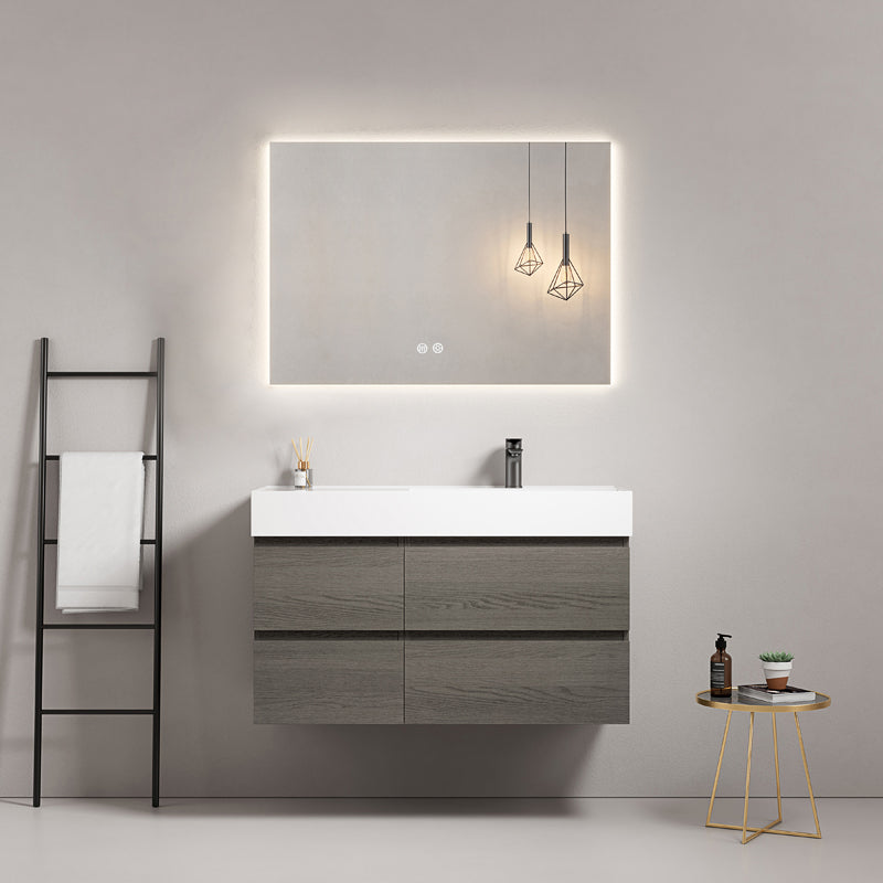 Mobile bagno sospeso 100 cm Grey Lavabo a Destra in Resina Specchio Quadro Retroilluminato - Fiji Wood