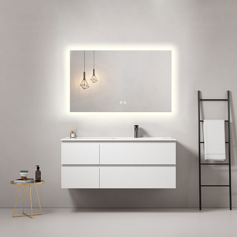 Mobile bagno sospeso 120 cm Bianco Lavabo a Destra in Ceramica Specchio Quadro Retroilluminato - Fiji Wood