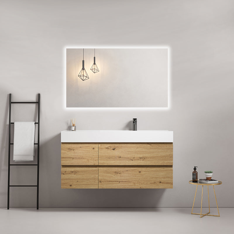 Mobile bagno sospeso 120 cm Bruno Medio Lavabo a Destra in Resina Specchio Quadro Retroilluminato - Fiji Wood