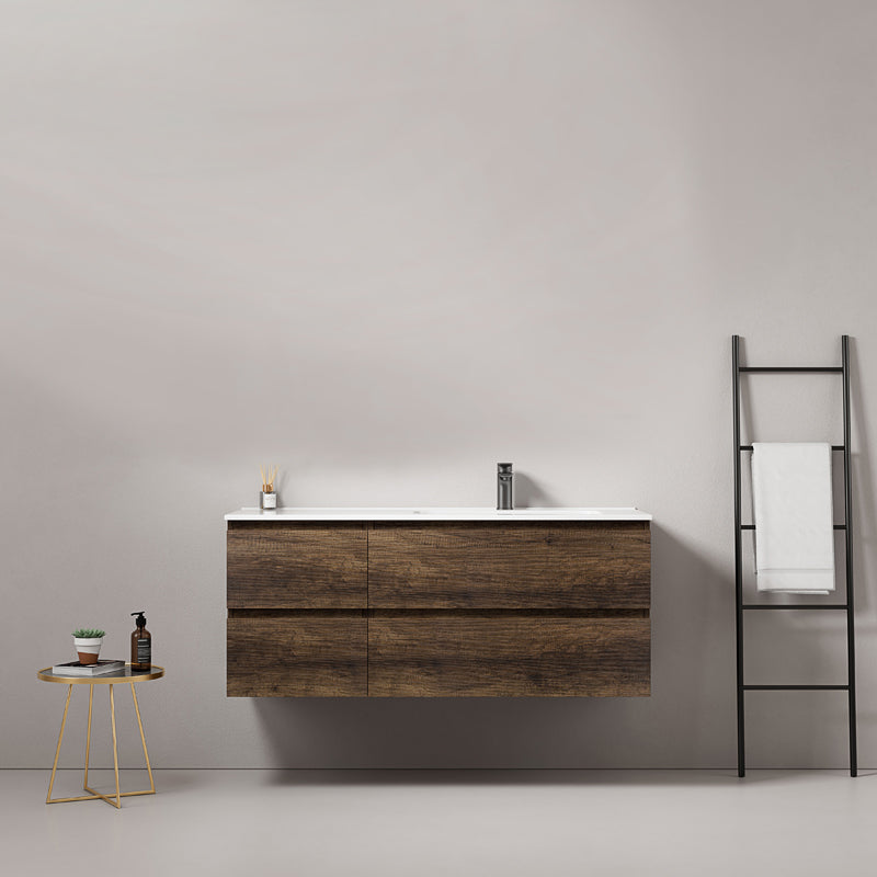 Mobile bagno sospeso 120 cm Bruno Scuro Lavabo a Sinistra in Ceramica Senza Specchio - Fiji Wood